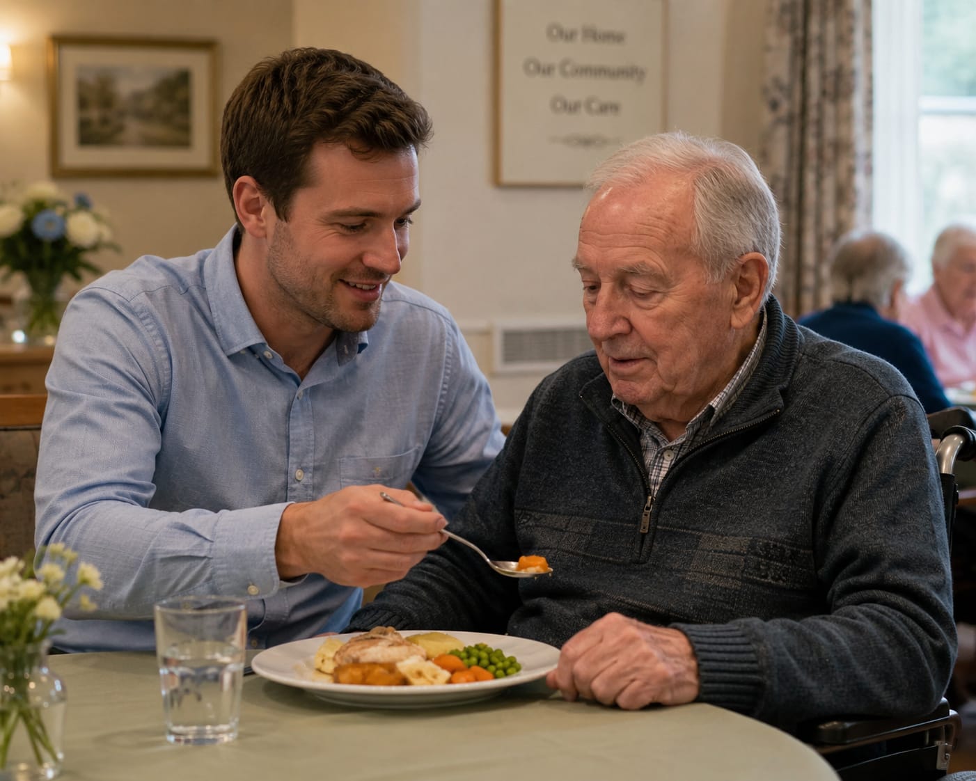 A man gently helps an older relative eat lunch at a dining table in a care home.