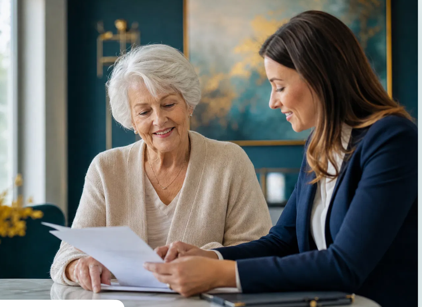 A care advisor sitting with an older woman, going through paperwork together at a table.