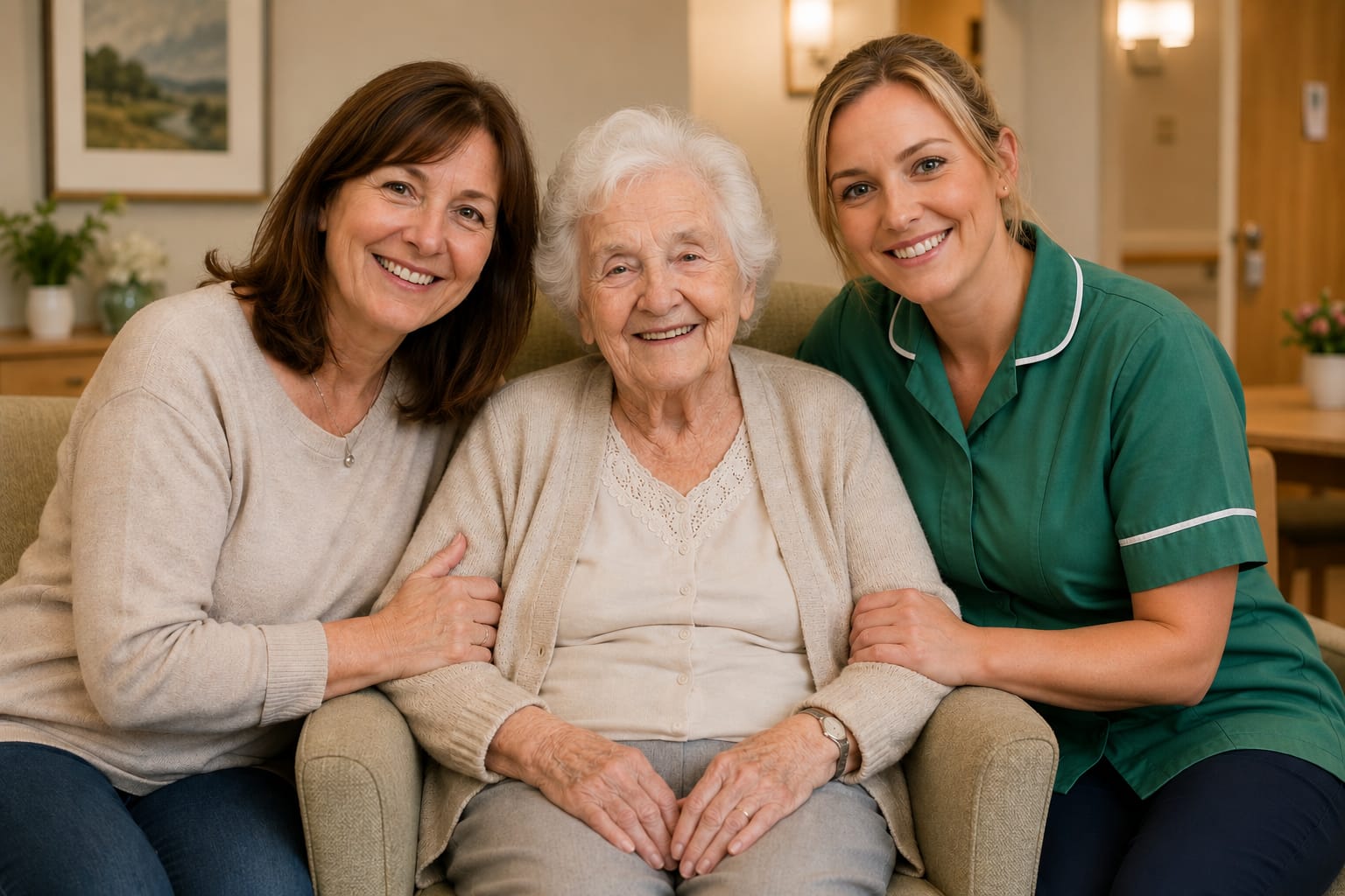 A daughter and a care worker sit smiling either side of an older resident in a bright care home lounge.