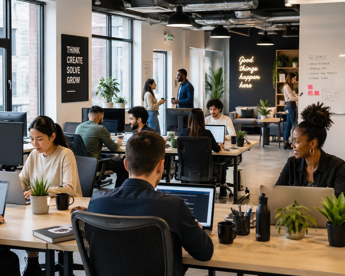 A diverse team working together at laptops in a bright, modern open-plan office.